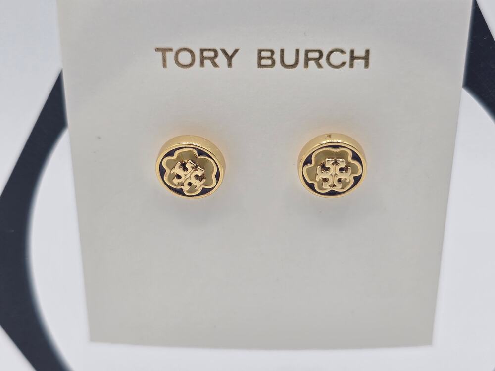 Tory Burch Kira Gold-Tone Round Stud Earrings w/Yellow Background & TB Logo